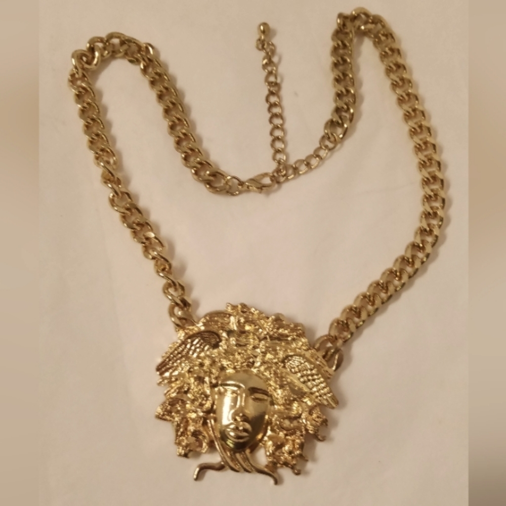 Medusa Greek Goddess Gold Tone Necklace Charm & Chain 14"